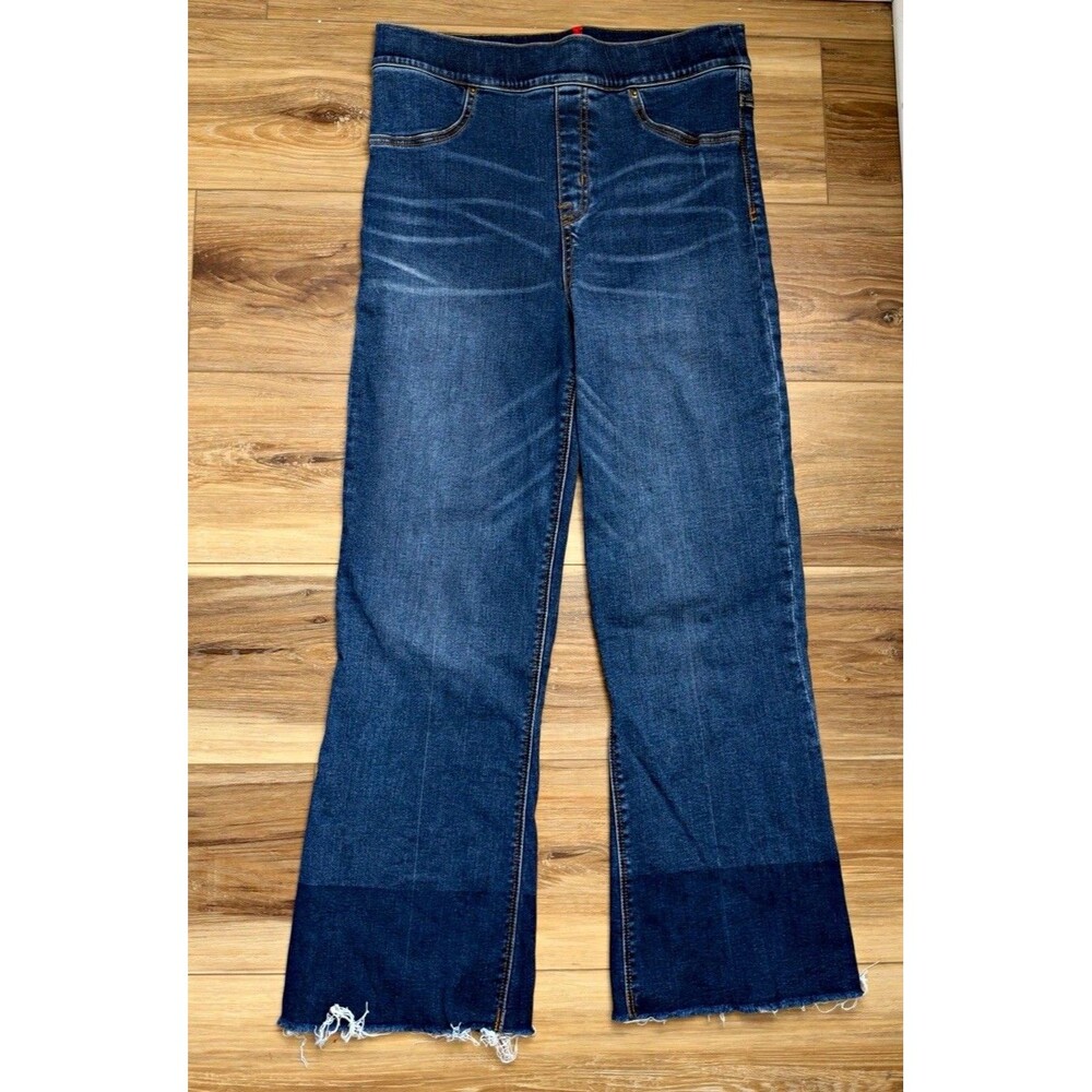 Spanx Pull On Cropped Wide Leg Flare Jeans Womens Medium Blue Raw Hem Colorblock